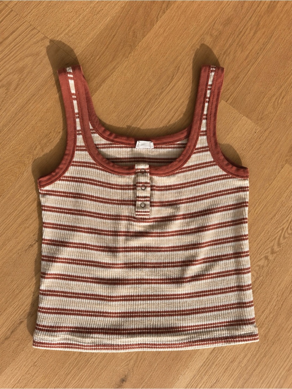 Cotton On Striped Ribbed Henley Tank Top Brown Cream Y2K Large